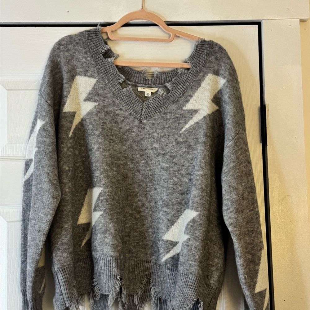Gray Distressed Lightning Bolt Sweater